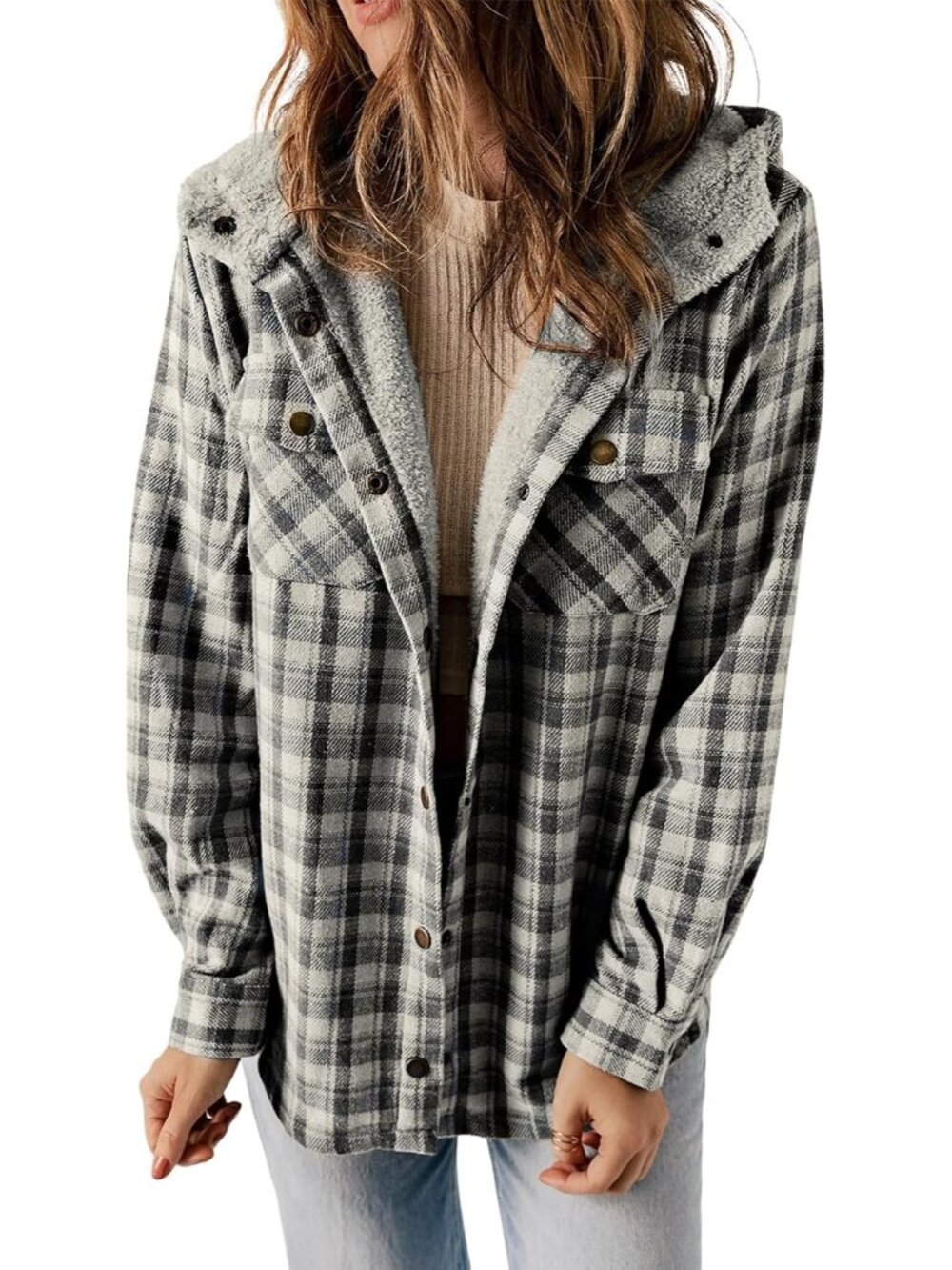 Women’s Black Plaid Fleece Hooded Shacket Warm Sherpa Flannel Winter Jacket